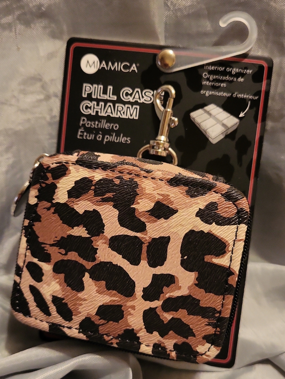miami Leopard Print Pill Case Charm - Tan & Black W Lobster Claw Clip